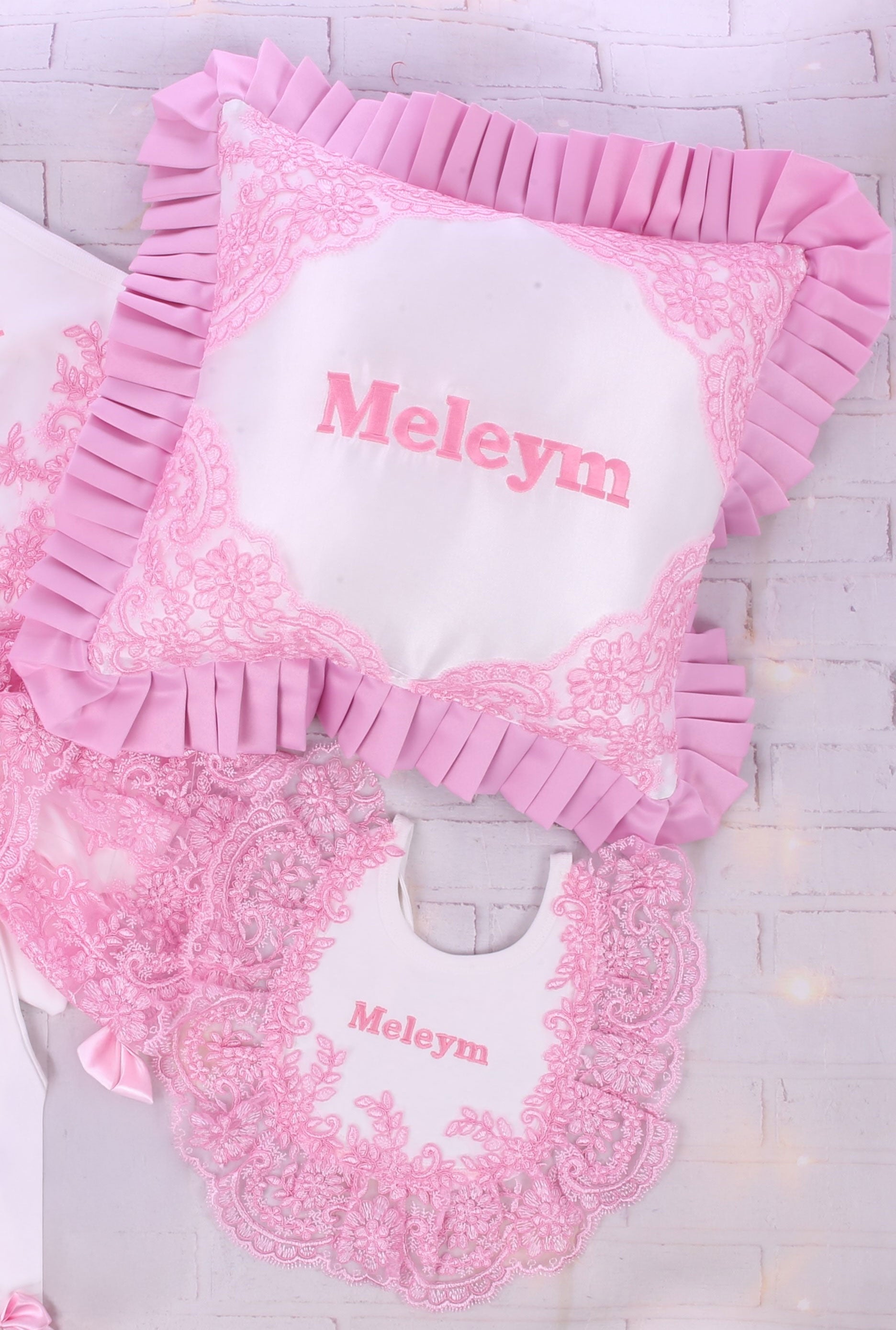 White/Pink Pillow and Bib