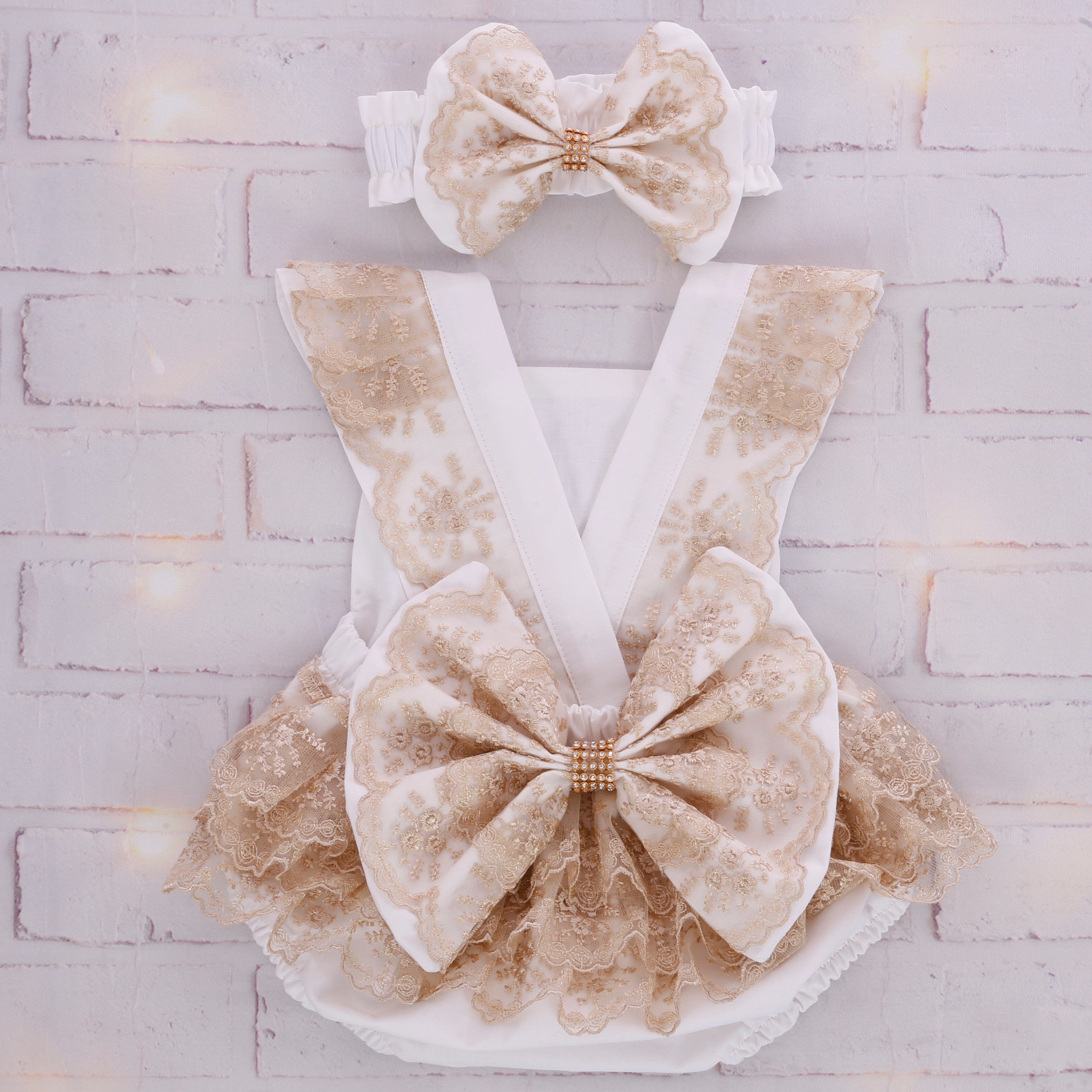 White and Gold Lace Baby Girl Set