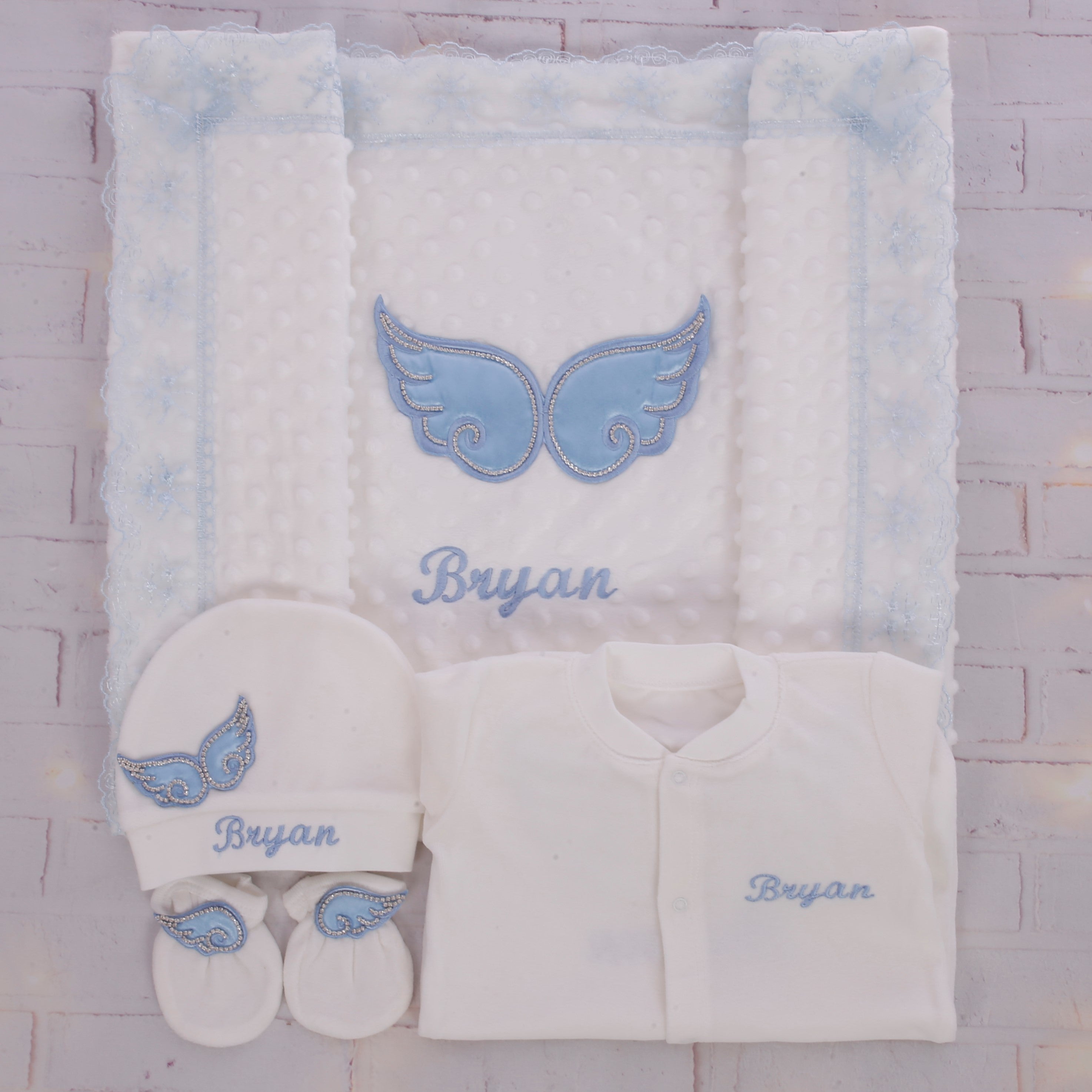 Conjunto de bebé con ángel azul celestial